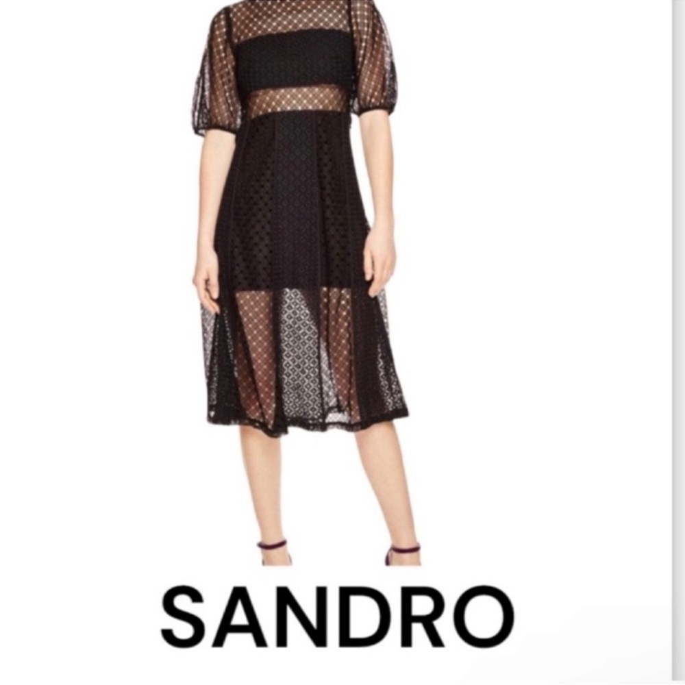Authentic Sandro designer lace cut out overlay black dress sz M 4-6 - Picture 2 of 7
